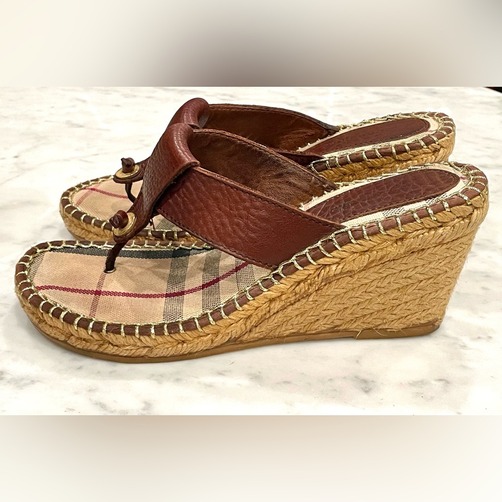 Burberry leather and plaid fabric wedges, burgundy, Burberry check, sz7, EUC - Picture 10 of 16